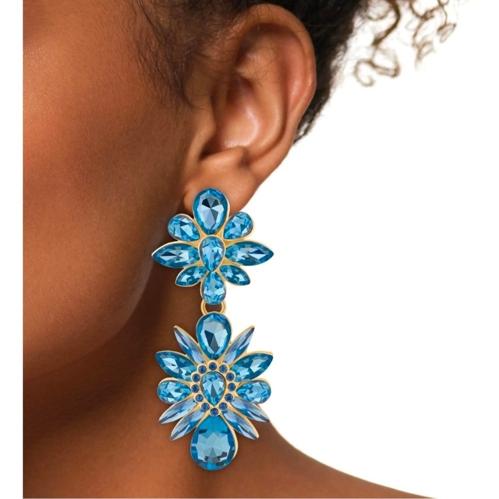 Nordstrom Blue Crystal Flower Drop Earrings Gold Tone‎ Statement  Glam Prom